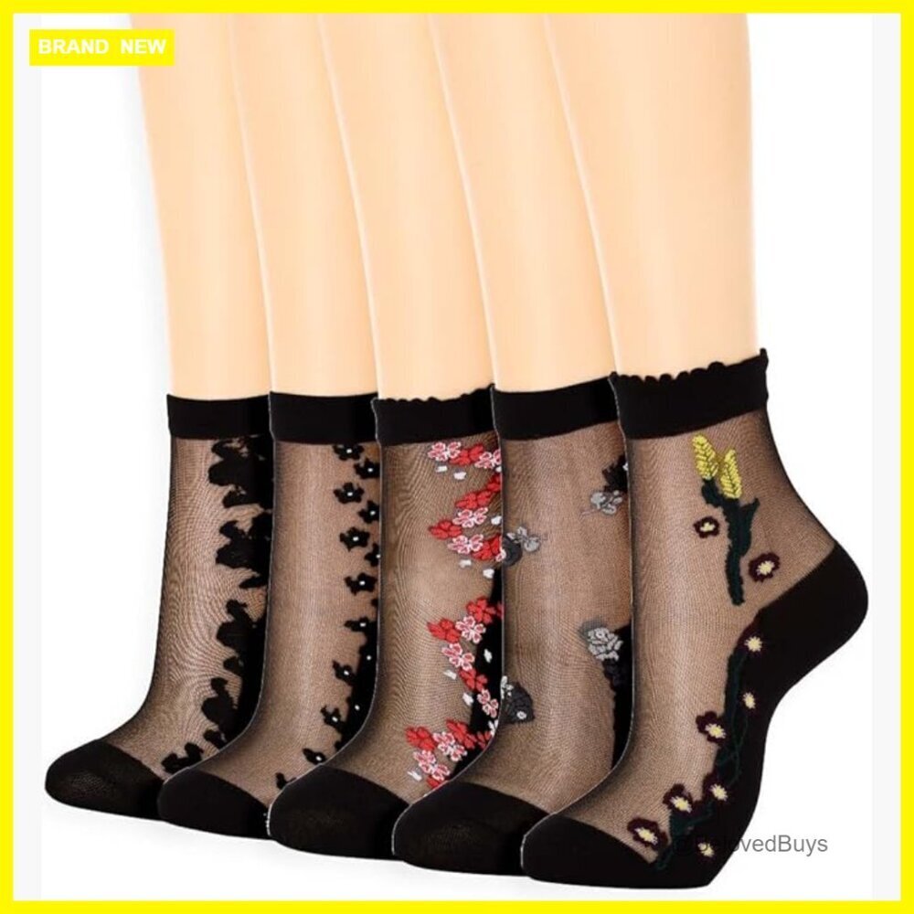 Sheer Floral Ankle Socks, Nylon Mesh, One Size Fits Most Women